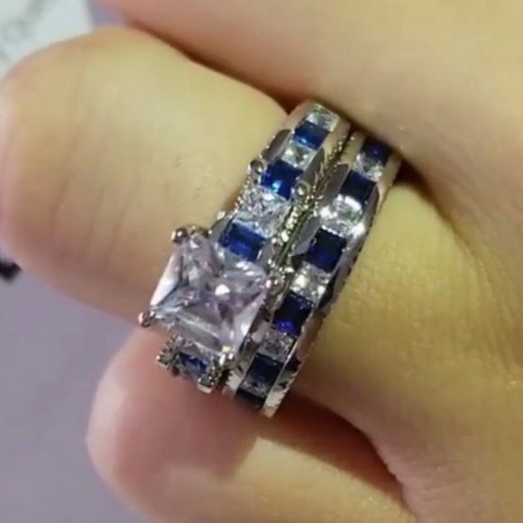 NEW 925 Sterling Silver Princess Cut Sapphire Ring - Picture 7 of 13